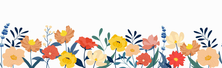 Flower and leaves seamless background vector. Blooming flowers collection with leaves, floral bouquets. Spring art wallpaper with botanical elements. Horizontal  banner design for the spring holiday.