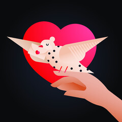 Valentine Sticker. Modern Flat Vector Concept Illustrations. Pigeon with Envelop Sitting on Hand on Heart Shape Background Icon. Social Media Ads.