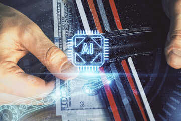 Double exposure of technology drawing hologram and us dollars bills and man hands. Data concept