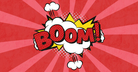 Image of a cartoon bubble with BOOM written in red on a red striped background