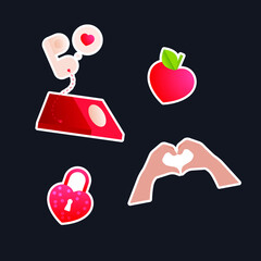 Valentine Sticker Pack. Modern Flat Vector Concept Illustrations. Red Telephone, Heart Shape Fruit, Heart Shape Gesture, Lock. Social Media Ads.