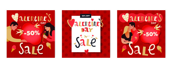 Set of Valentine's Day Sale Poster with Lettering and Decorative Elements. Modern Flat Vector Illustration. Social Media Ads.