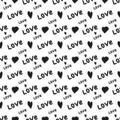 Seamless pattern with hearts and the word love. Festive decoration, print for valentine day, wedding, gift wrapping paper, textiles and holiday design.