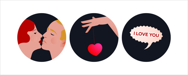 Valentine Set. Modern Flat Vector Concept Illustrations. Badges with Kissing Couple, Hand Play Heart Toy, I Love You Bubble. Social Media Ads.