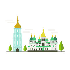 Cartoon symbols of Kiev. Popular tourist architectural object: St. Sophia Cathedral.