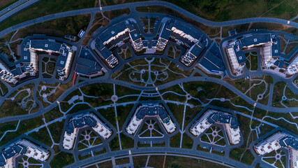 Far Eastern Federal University. View from above. FEFU educational and residential buildings at dawn. Twilight on the FEFU campus.