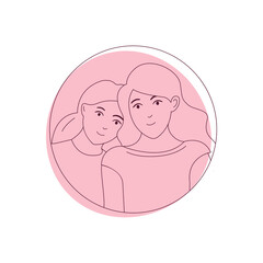 Line Abstract Drawing on Colorful Background in Circle. Contemporary Modern Flat Vector Illustration. Continuous Line Art of Mother and Daughter. Minimalist Contour. Poster, Tote Bag Design. 