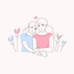 Illustration of happy family. Happy mother and her daughter. Mother's day card.