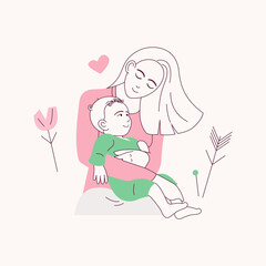 Illustration of happy family. Happy mother holding her child. Mother's day card.