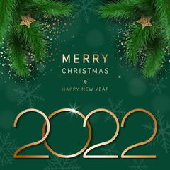 Fototapeta na wymiar Glamorous Christmas banner with fir branches. Merry christmas and happy new year banner 2022