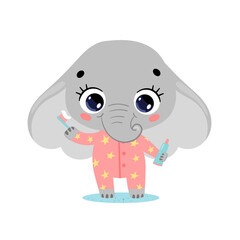 flat doodle cute cartoon baby elephant brushing teeth. Animals brush their teeth.