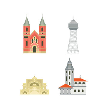 Cartoon symbols of Nilokaev, Ukraine. Popular tourist architectural object. Nikolaev icons set.