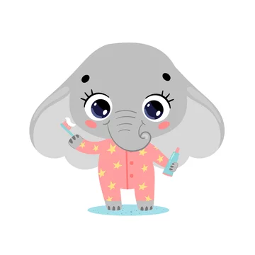 flat doodle cute cartoon baby elephant brushing teeth. Animals brush their teeth.