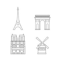 Set of Cartoon symbols of Paris in Line. Popular tourist architectural object, France.