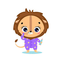 Vector flat doodle cute cartoon baby lion brushing teeth. Animals brush their teeth.