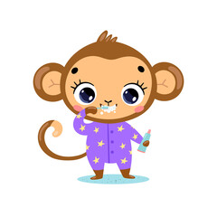 Vector flat doodle cute cartoon baby monkey brushing teeth. Animals brush their teeth.