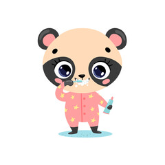 flat doodle cute cartoon baby panda bear brushing teeth. Animals brush their teeth.