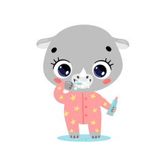 flat doodle cute cartoon baby rhino brushing teeth. Animals brush their teeth.