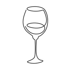 One line drawing wine glass on white background. Cartoon graphic sketch for celebration design. Continuous line way. Hand drawn party drinks concept. Freehand drawing style