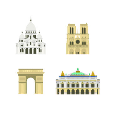 Set of Cartoon symbols of Paris. Popular tourist architectural object, France.