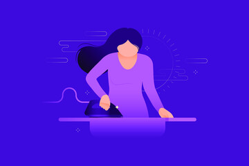 Female Use Steamer Iron For Cloth. Care Appliance Concept. Light Elements. Purple Background. Website template. Banner. Landing Page.