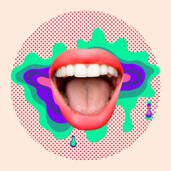 Contemporary art collage, modern design. Summer time mood. Composition with female opened mouth isolated over bright absract background.