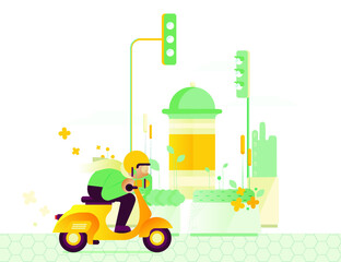 Naklejka premium Male on a Vintage Moto Bike on Background with City View with Poster Stand, Flower and Plant Constructions and Traffic Lights. Land Area with Green Grass. Open Air. Cute City Landscape Concept.
