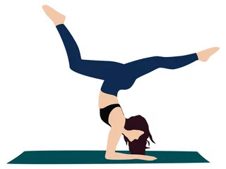 Foto op Canvas Young attractive yogi woman practicing yoga concept, standing in variation of Pincha Mayurasana exercise, handstand pose, working out, wearing sportswear, full length © artist404