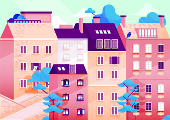 Naklejka premium Vector illustration in Simple Minimal Geometric Flat Style. Beautiful City Landscape with Buildings and Trees, Dog and Bird, Stairs. Cute Exterior Concept. 