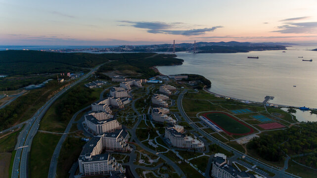 Far Eastern Federal University. View from above. FEFU educational and residential buildings at dawn. Twilight on the FEFU campus.