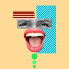 Contemporary art collage, modern design. Summer time mood. Composition with female opened mouth and eyes isolated over pastel absract background.