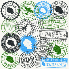Tanzania Set of Stamps. Travel Passport Stamps. Made In Product Design Seals in Old Style Insignia. Icon Clip Art Vector Collection.