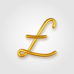 Gold 3d realistic pound sterling sign on a light background.