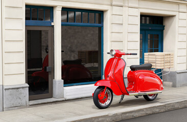 Red Vespa Scooter with Pizza. Food Delivery Concept. 3D illustration