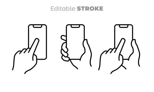 Hands holding mobile phone. Finger touching blank screen. Vector smart phone, electronic device line art icon. Editable line drawing. Black and white illustration, sign, symbol.