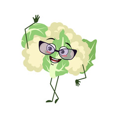 Cute character cauliflower with glasses and joyful emotions, smiling face, happy eyes, hands and feet. The mischievous green vegetable hero is cabbage