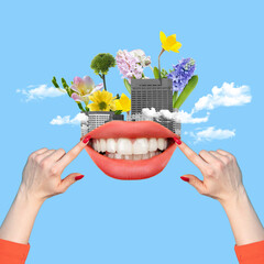 Contemporary art collage, modern design. Composition with female mouth and human hands isolated...