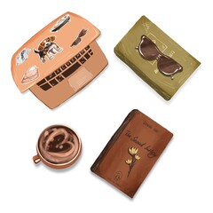 Workplace. View from above. There are a laptop with stickers, a sunglasses, books and a cup of coffee on a table. Digital illustration in cartoon sketch style. Stickers