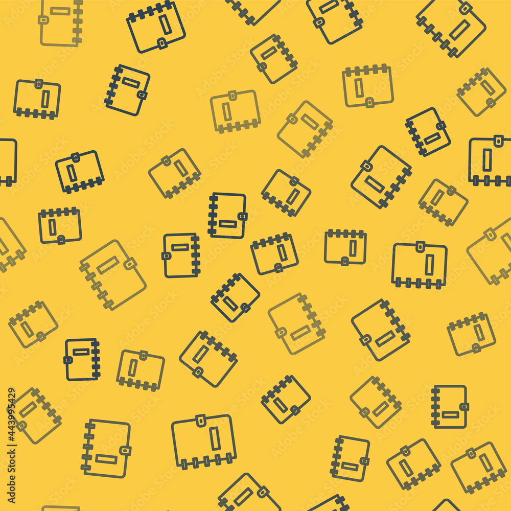 Poster blue line notebook icon isolated seamless pattern on yellow background. spiral notepad icon. school 