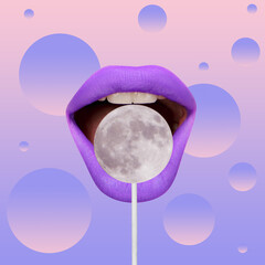 Contemporary art collage, modern design. Summer time mood. Composition with female opened mouth with lollipop isolated over absract background.