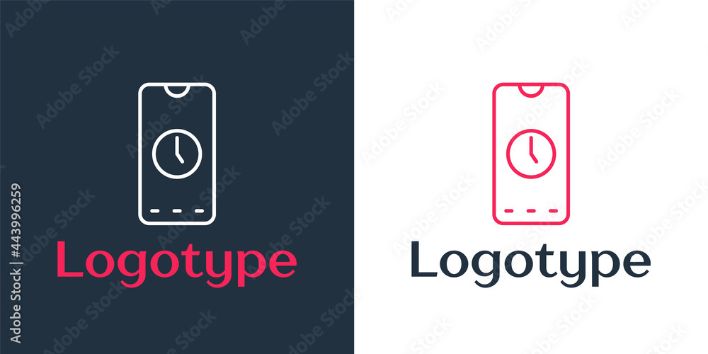 Poster logotype line alarm clock app smartphone interface icon isolated on white background. logo design te