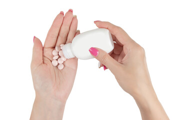 Hands full of pils isolated on white background