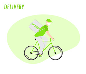 Obraz premium Delivery service, delivery home and office, bicycle courier, delivery man in respiratory mask 