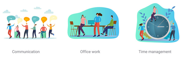 A set of vector illustrations on the topic of business.Communication,Office work,Time management.Abstract illustrations.