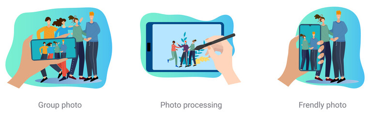 A set of vector illustrations on a business topic.Group photo, photo processing, photos of friends.Abstract vector illustrations .