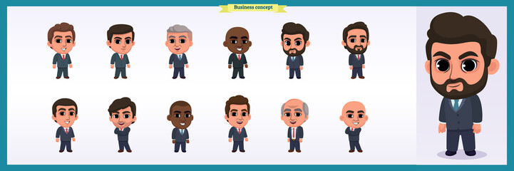Obraz na płótnie Canvas Collection of charming entrepreneurs or businessmen and managers. Business people standing together. Flat modern cartoon style. isolated vector design. International business team.Different age of men