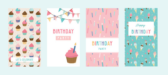 Happy birthday greeting card set and party invitation templates, with ice cream, donut and muffin patterns. birthdy sweets and treats. vector illustration