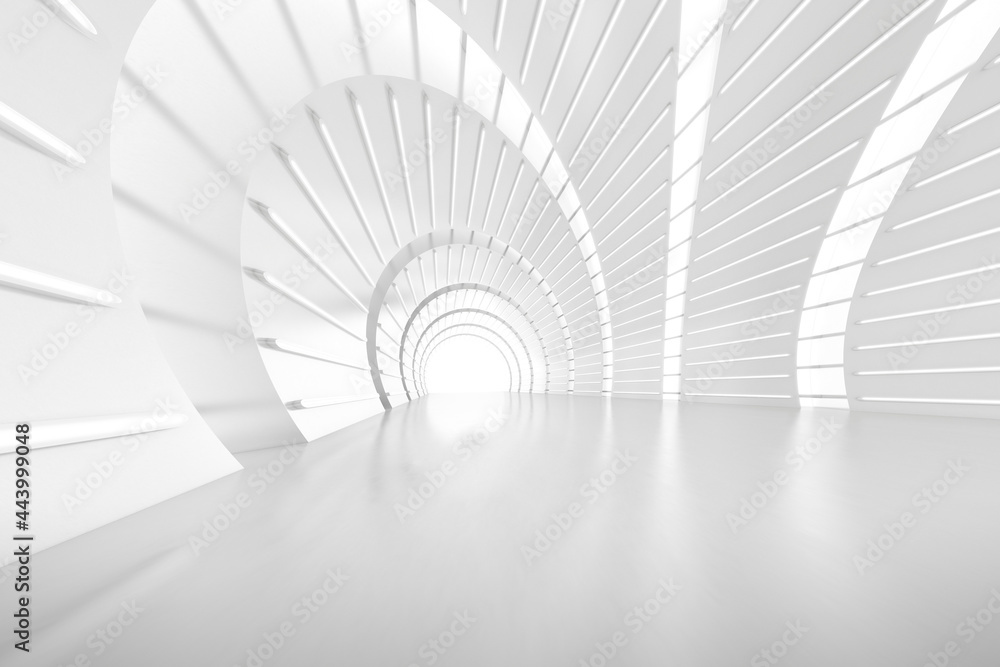 Aufkleber Abstract 3d rendering of empty futuristic arch tunnel room with light on the wall. Sci-fi concept.