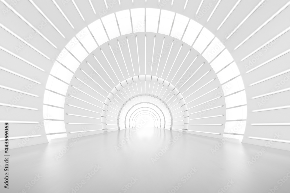 Aufkleber abstract 3d rendering of empty futuristic arch tunnel room with light on the wall. sci-fi concept.