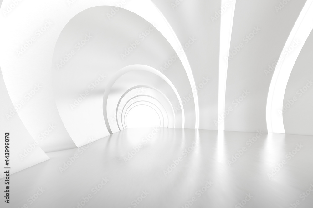 Fototapete abstract 3d rendering of empty futuristic arch tunnel room with light on the wall. sci-fi concept.